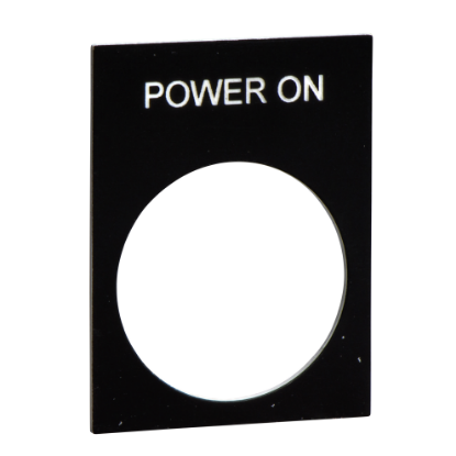 Picture of Marked legend, Harmony XAC, nameplate, 30 x 40mm, plastic, black, 22mm push button, white marked POWER ON