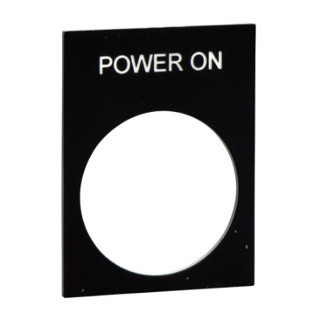 Picture of Marked legend, Harmony XAC, nameplate, 30 x 40mm, plastic, black, 22mm push button, white marked POWER ON