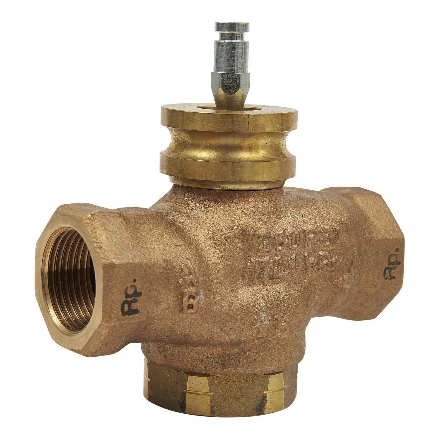 Picture of VG310R Globe Valve, 3-Way, DN25, Rp 1 Internal Thread, Brass Trim, PTFE Seat Seal, Kvs 10 mÂ³/h, Stem Up Closed A-AB.