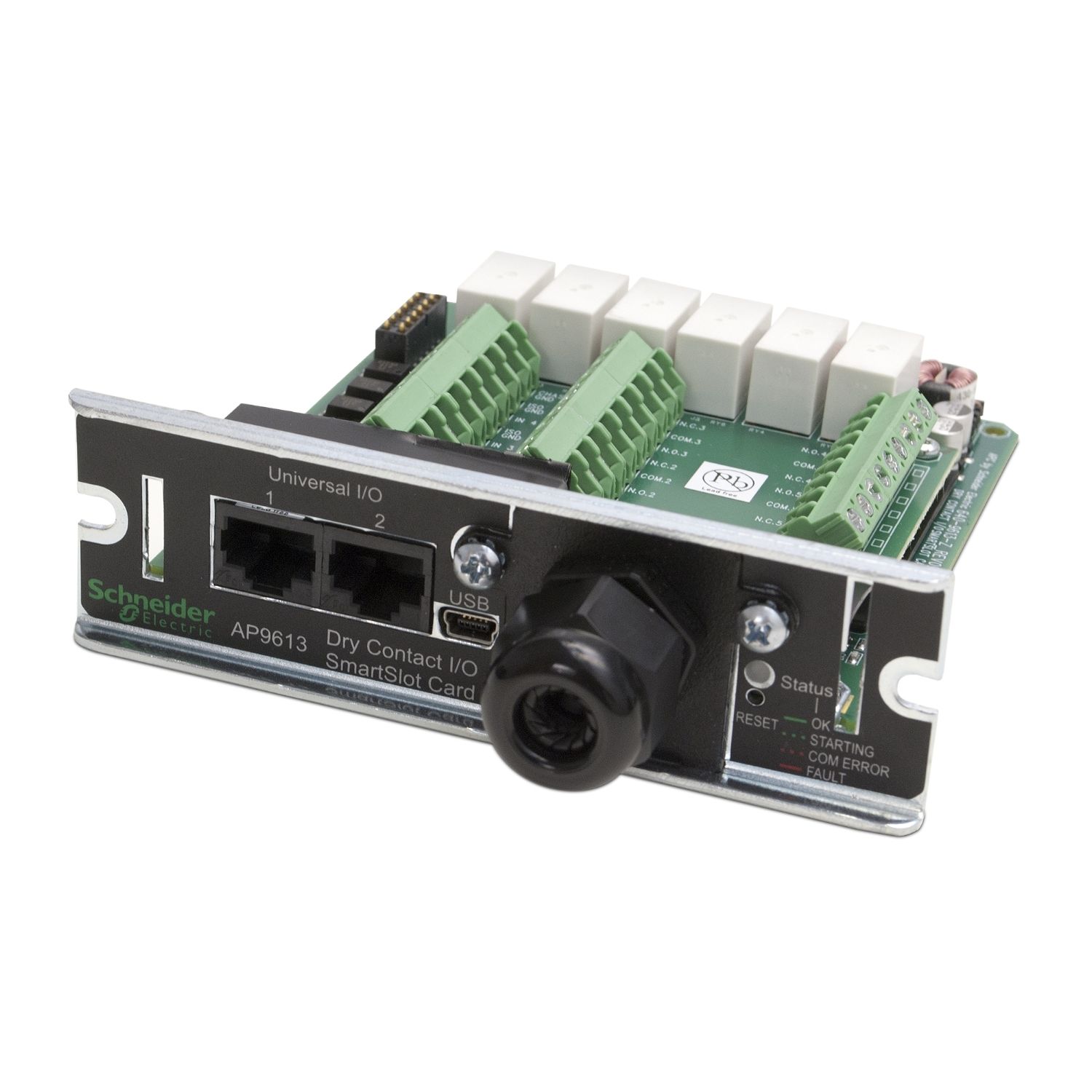 Picture of Dry contact, Management Options, Dry Contact I/O Card, monitor external UPS environmental sensors, output relays, and input contacts