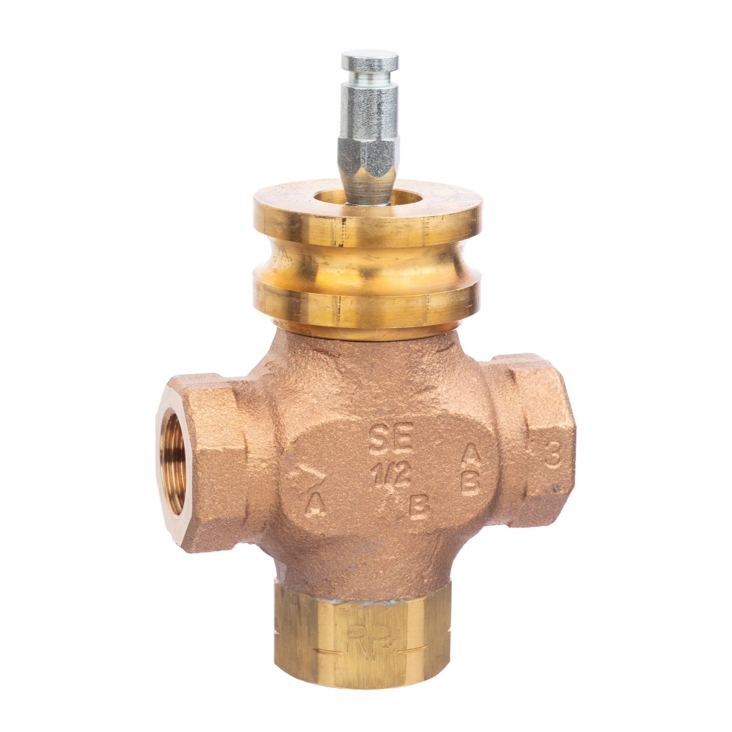 Picture of VG310R Globe Valve, 3-Way, DN15, Rp 1/2 Internal Thread, Brass Trim, PTFE Seat Seal, Kvs 2.5 mÂ³/h, Stem Up Closed A-AB.