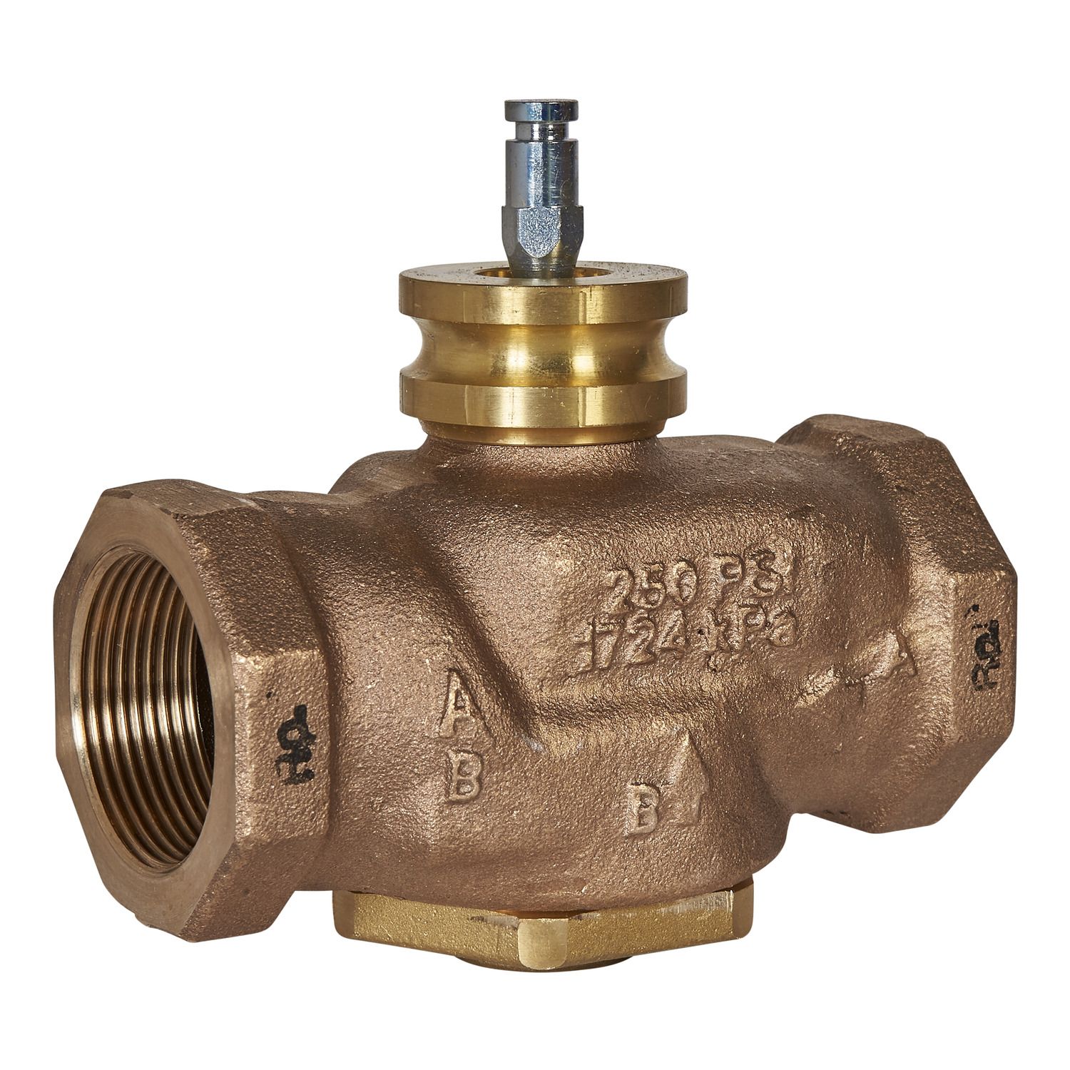 Picture of VG210R Globe Valve, 2-Way, DN40, Rp 1-1/2 Internal Thread, Brass Trim, PTFE Seat Seal, Kvs 24 mÂ³/h, Stem Up Closed.