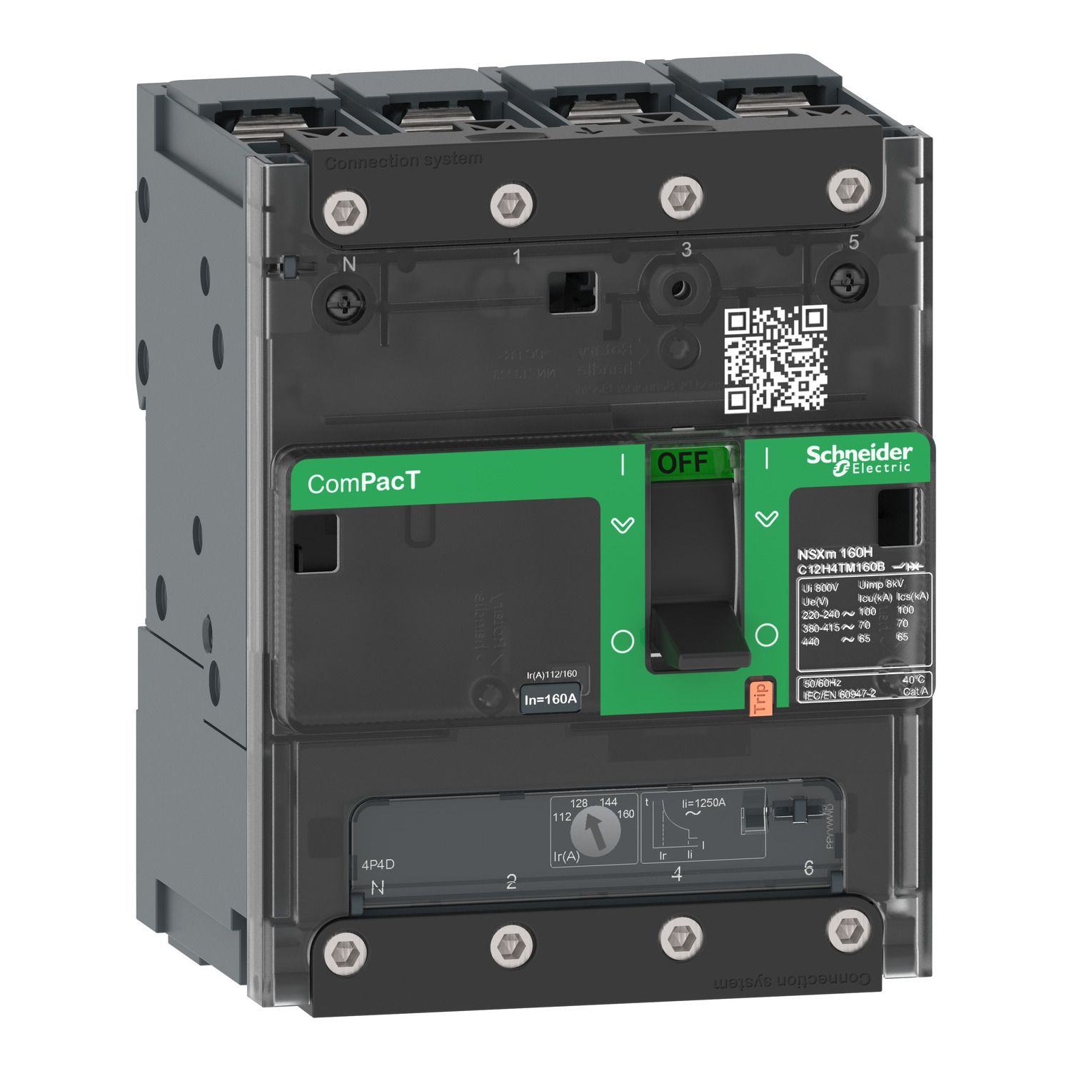 Picture of Circuit breaker, ComPacT NSXm 63E, 16kA/415VAC, 4 poles 3D (neutral not protected), TMD trip unit 25A, lugs/busbars