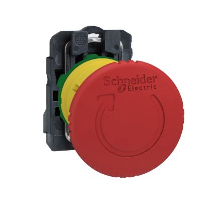 Picture of Emergency stop switching off, Harmony XB5, plastic, red mushroom 40mm, 22mm, trigger latching turn to release, 1NC with monitoring