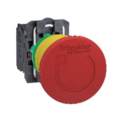 Picture of Emergency stop switching off, Harmony XB5, plastic, red mushroom 40mm, 22mm, trigger latching turn to release, 2NC with monitoring