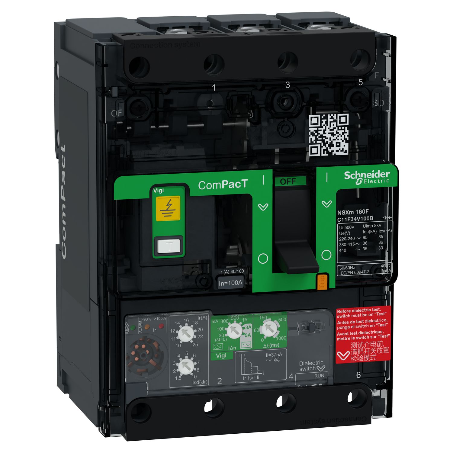 Picture of Circuit breaker, ComPacT NSXm 160F, 36kA/415VAC, 3 poles, MicroLogic 4.1 trip unit 100A, lugs/busbars