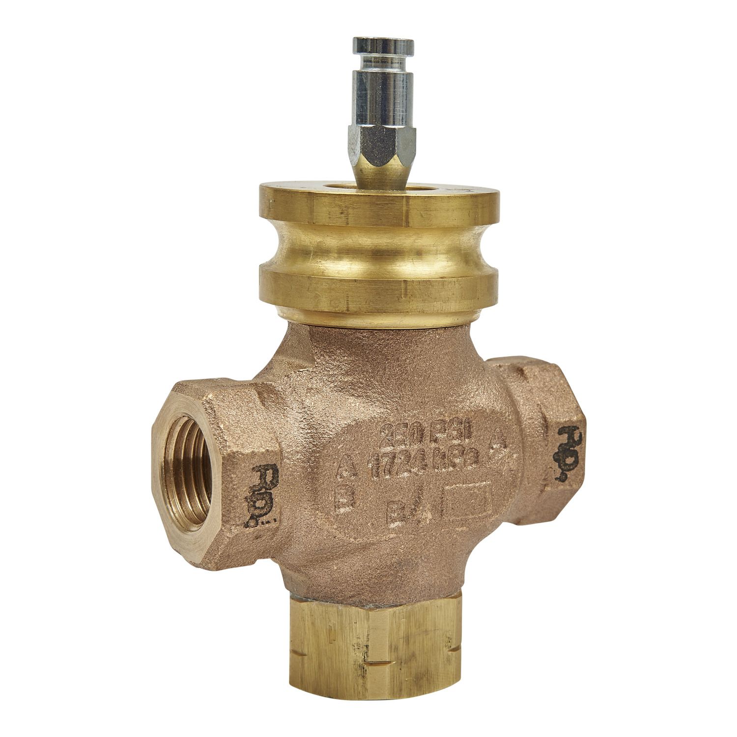 Picture of VG310R Globe Valve, 3-Way, DN15, Rp 1/2 Internal Thread, Brass Trim, PTFE Seat Seal, Kvs 1.6 mÂ³/h, Stem Up Closed A-AB.