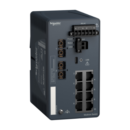 Picture of network switch, Modicon Networking, managed, 8 ports for copper with 2 ports for fiber optic, singlemode