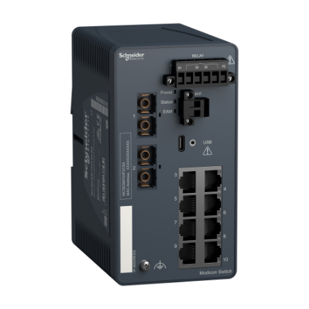 Picture of network switch, Modicon Networking, managed, 8 ports for copper with 2 ports for fiber optic, singlemode