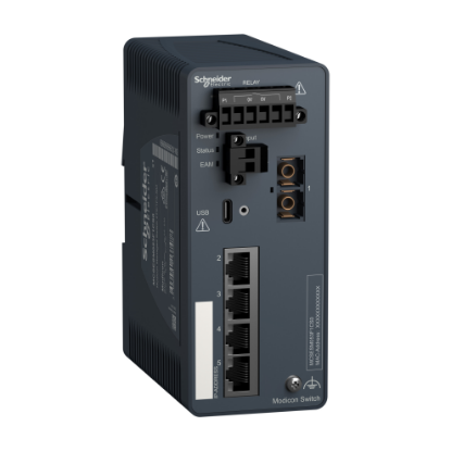 Picture of network switch, Modicon Networking, managed, 4 ports for copper with 1 port for fiber optic, singlemode