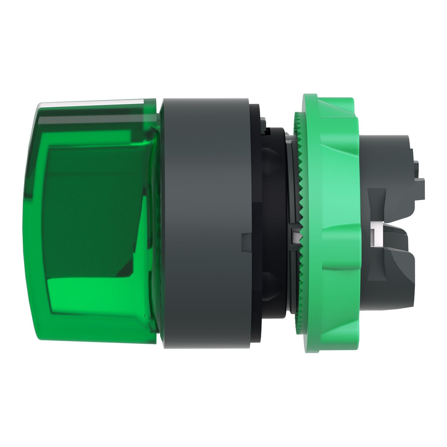 Picture of Head for illuminated selector switch, Harmony XB5, grey plastic, green handle, 22mm, universal LED, 3 positions, stay put