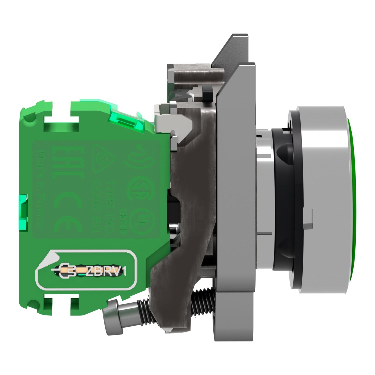 Picture of Wireless and batteryless transmitter, Harmony XB5R, push button, metal, green, 22mm, spring return