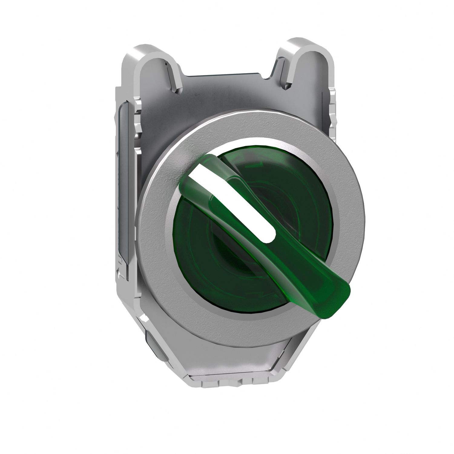 Picture of Head for illuminated selector switch, Harmony XB4, metal, green handle, flush mounted, 30mm, universal LED, 2 positions