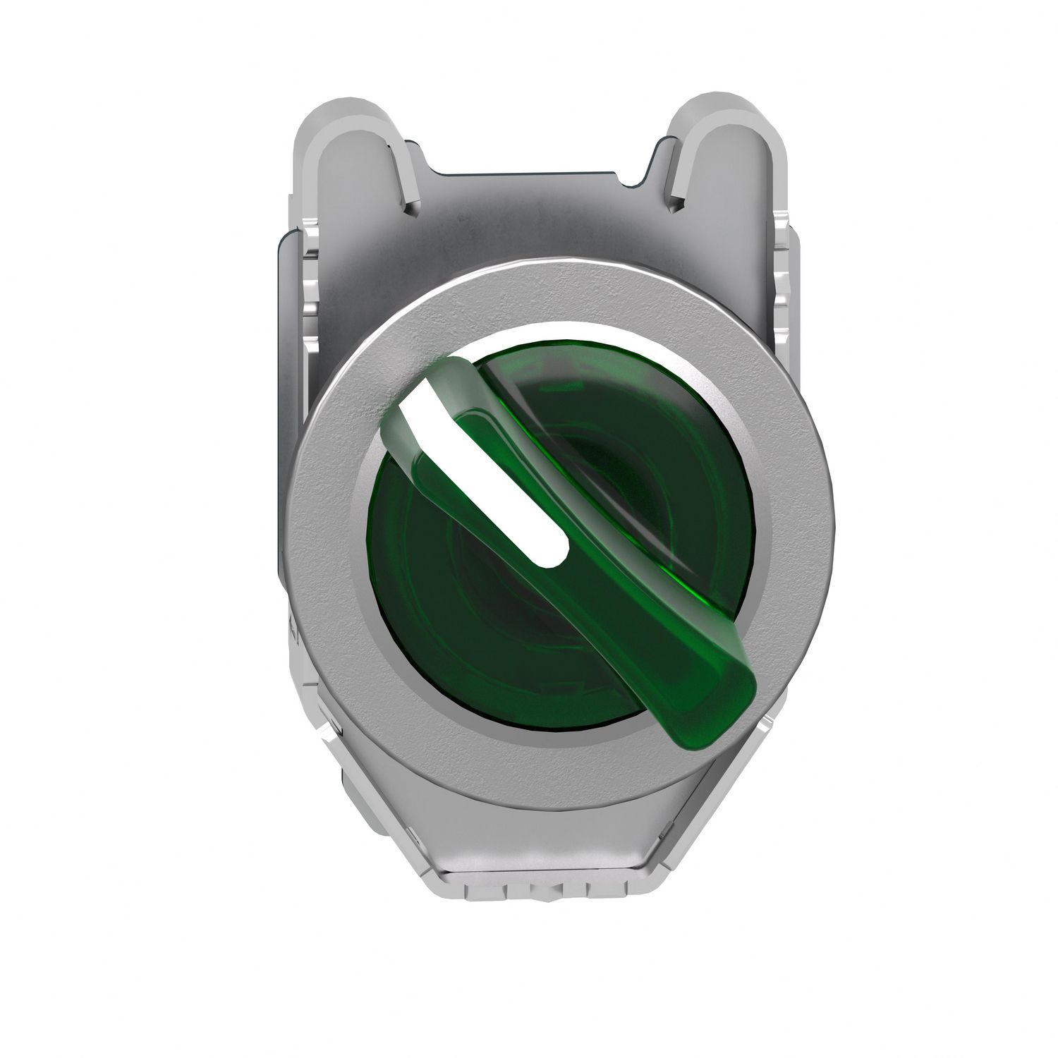 Picture of Head for illuminated selector switch, Harmony XB4, metal, green handle, flush mounted, 30mm, universal LED, 2 positions