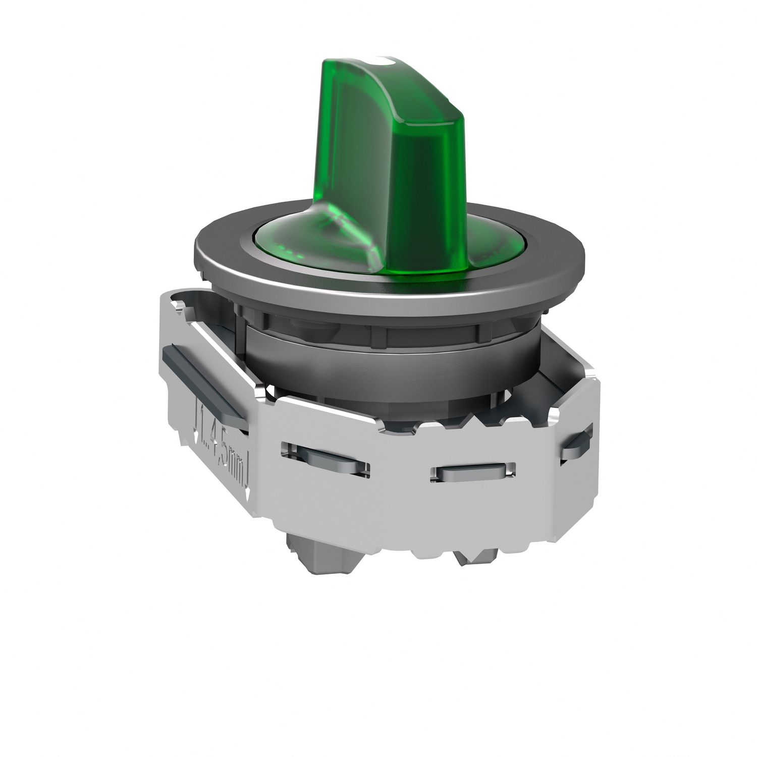Picture of Head for illuminated selector switch, Harmony XB4, metal, green handle, flush mounted, 30mm, universal LED, 3 positions
