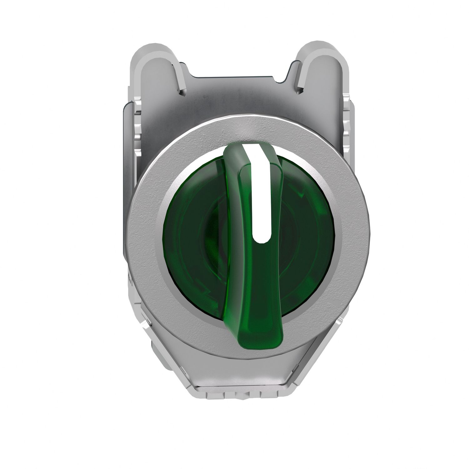 Picture of Head for illuminated selector switch, Harmony XB4, metal, green handle, flush mounted, 30mm, universal LED, 3 positions