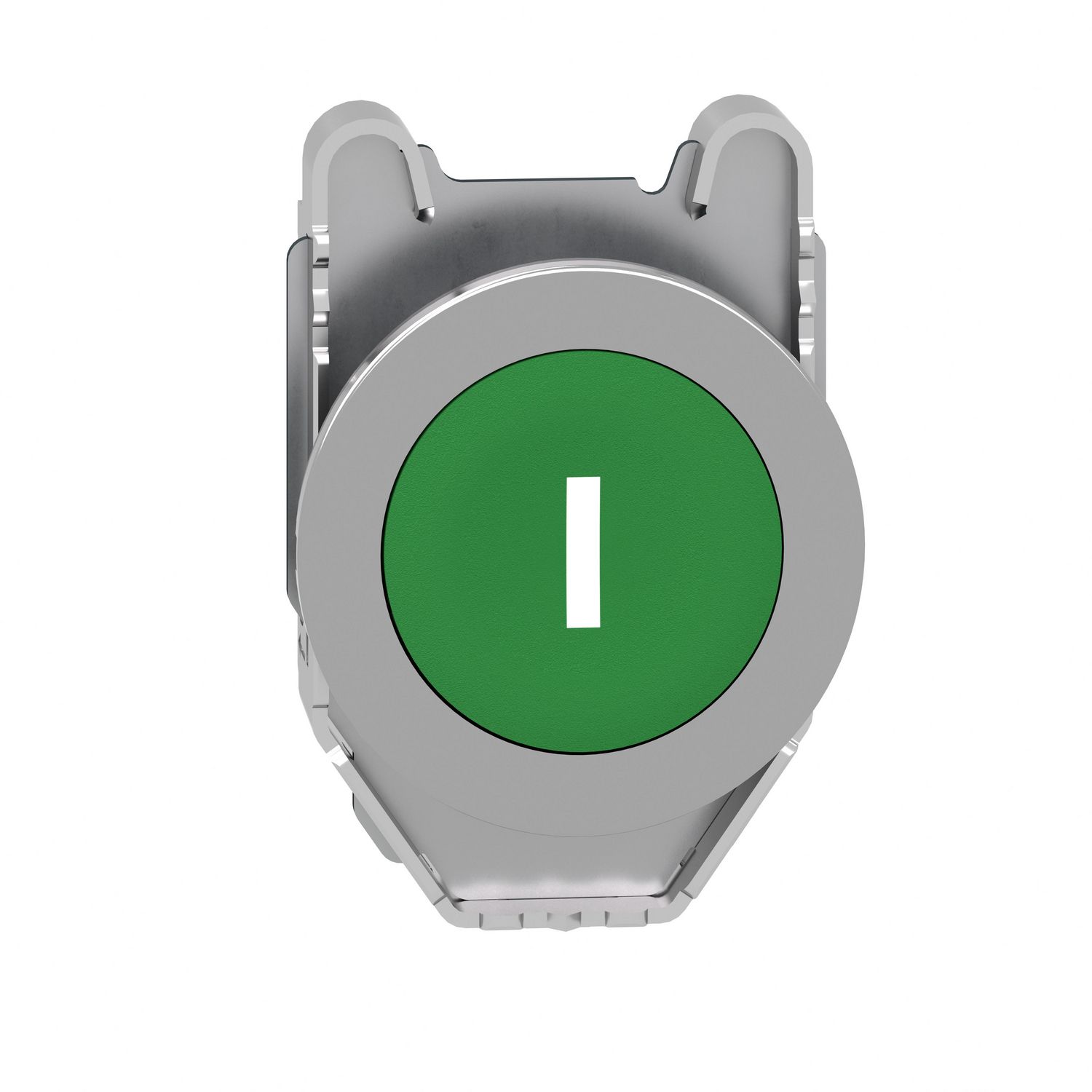 Picture of Flush mounted push button head, Harmony XB4, metal, green, 30mm, spring return, marked I