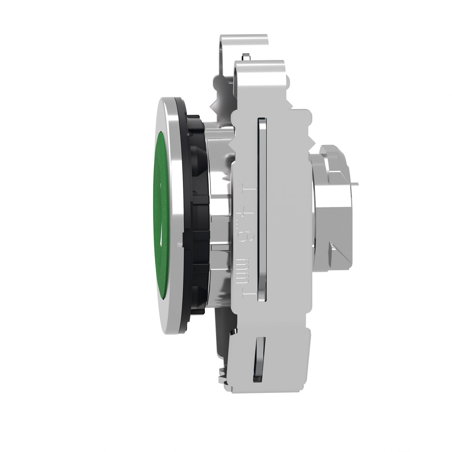 Picture of Flush mounted push button head, Harmony XB4, metal, green, 30mm, spring return, marked I
