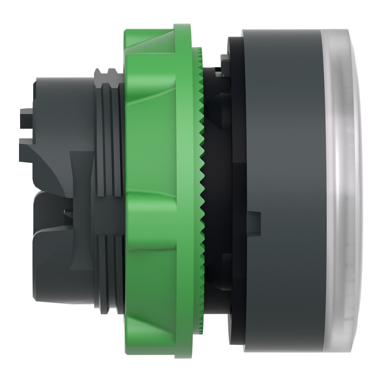Picture of Head for illuminated push button, Harmony XB5, white flush, 22mm, universal LED, spring return, grooved lens, unmarked
