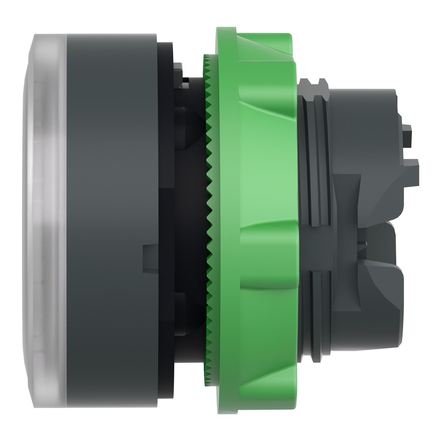 Picture of Head for illuminated push button, Harmony XB5, white flush, 22mm, universal LED, spring return, grooved lens, unmarked