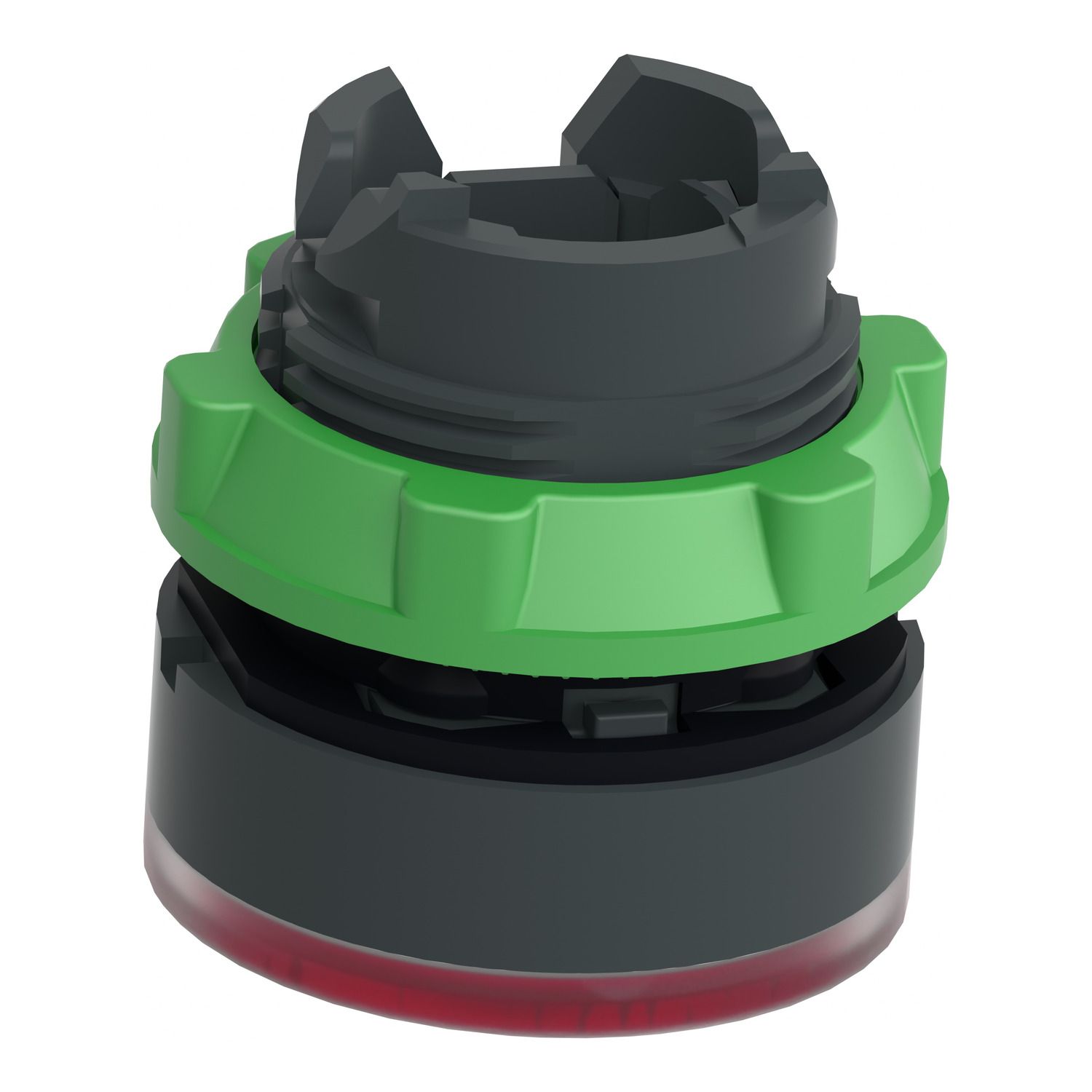 Picture of Head for illuminated push button, Harmony XB5, red flush, 22mm, universal LED, spring return, grooved lens, unmarked