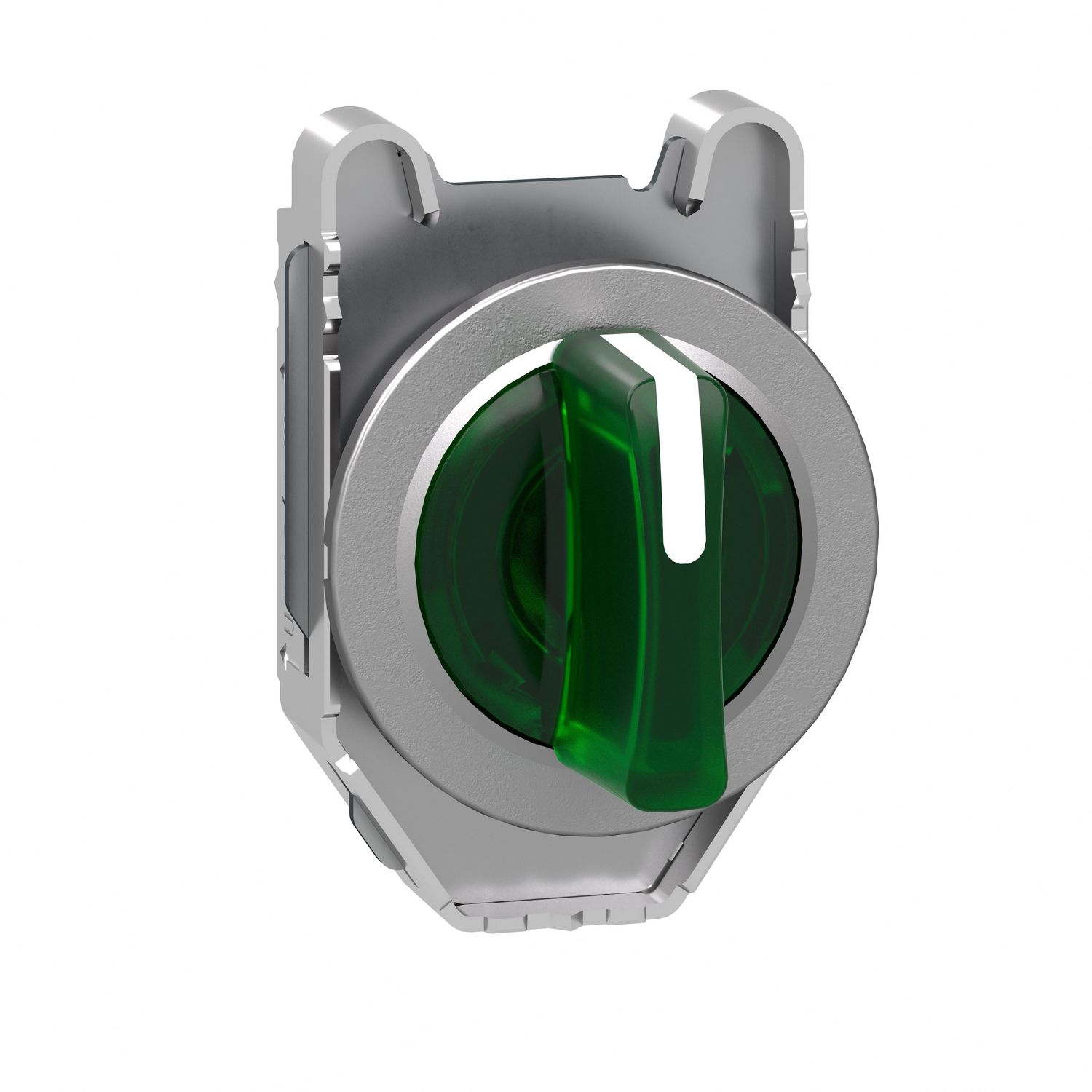 Picture of Head for illuminated selector switch, Harmony XB4, metal, green handle, 30mm, universal LED, 3 positions, to center