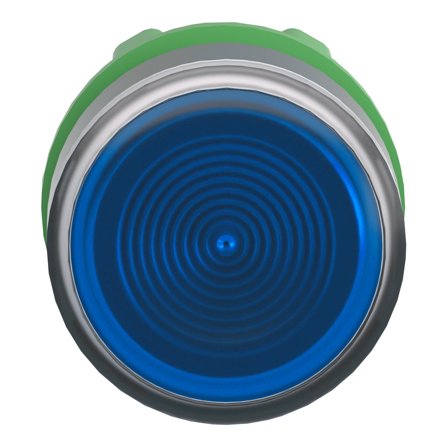 Picture of Head for illuminated push button, Harmony XB5, blue flush, 22mm, universal LED, spring return, grooved lens, unmarked