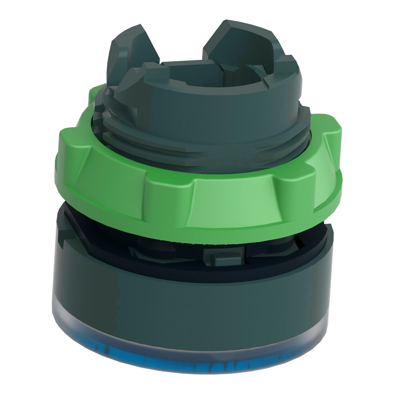 Picture of Head for illuminated push button, Harmony XB5, blue flush, 22mm, universal LED, spring return, grooved lens, unmarked