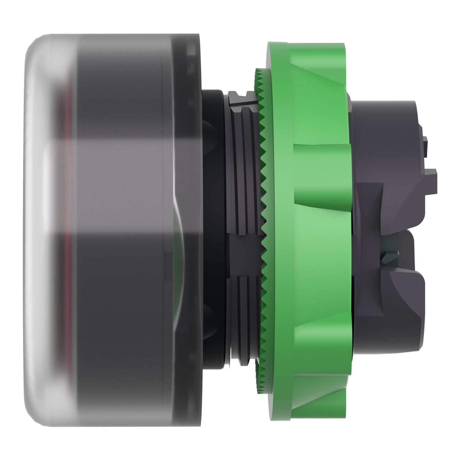 Picture of Head for illuminated push button, Harmony XB5, red flush, 22mm, universal LED, spring return, clear boot, unmarked