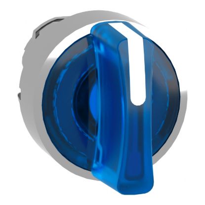 Picture of Head for illuminated selector switch, Harmony XB4, chromium metal, blue handle, 22mm, universal LED, 3 positions,