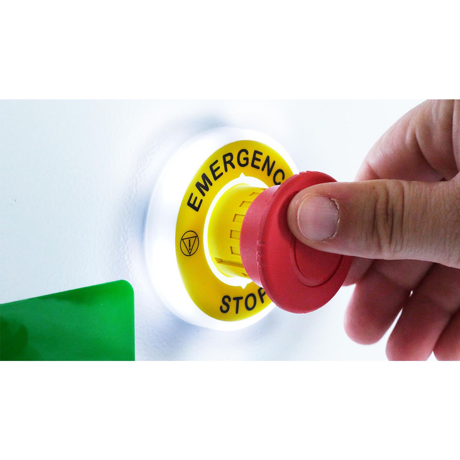 Picture of Illuminated marked legend ring, Harmony XB5, 60mm, plastic, yellow, red fixed integral LED, marked EMERGENCY STOP, 24V AC DC