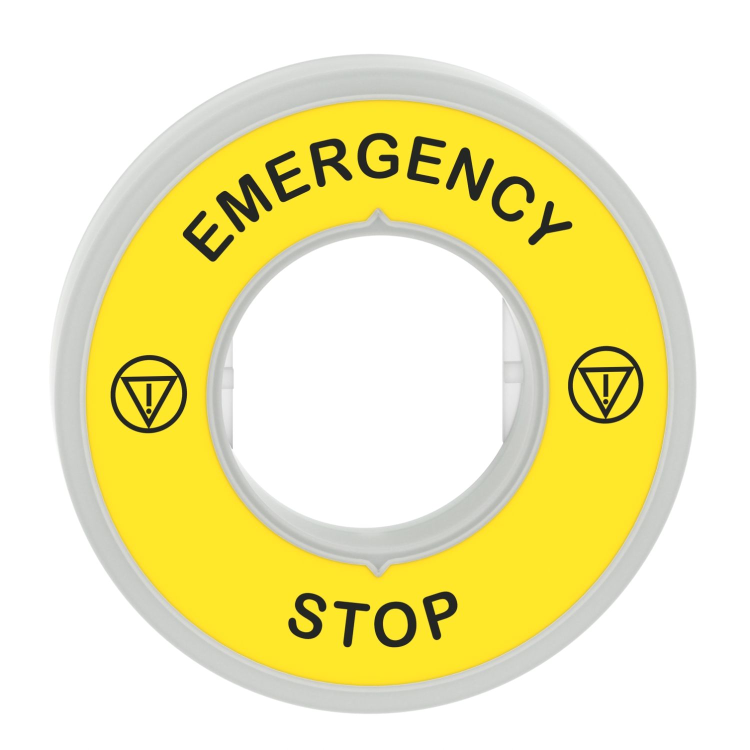 Picture of Illuminated marked legend ring, Harmony XB5, 60mm, plastic, yellow, red fixed integral LED, marked EMERGENCY STOP, 24V AC DC
