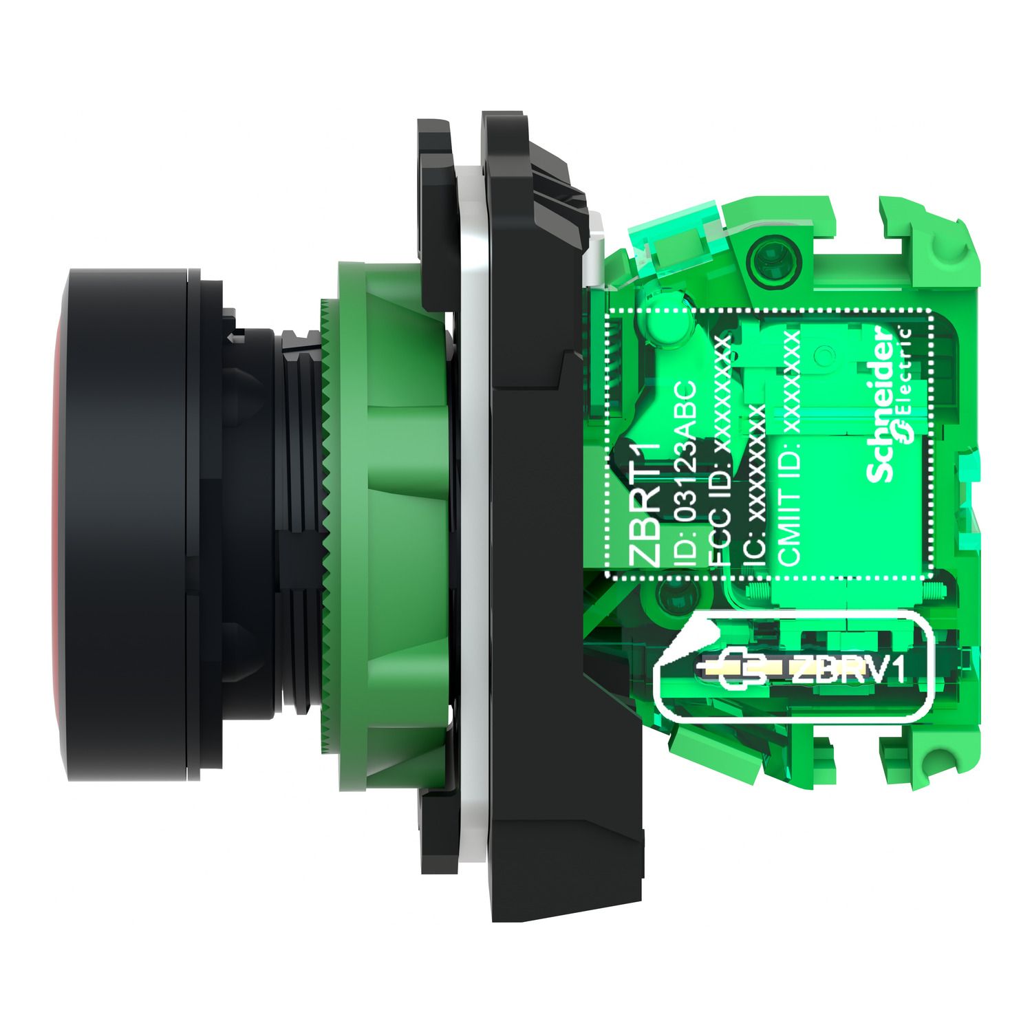 Picture of Wireless and batteryless transmitter, Harmony XB5R, push button, plastic, red, 22mm, spring return