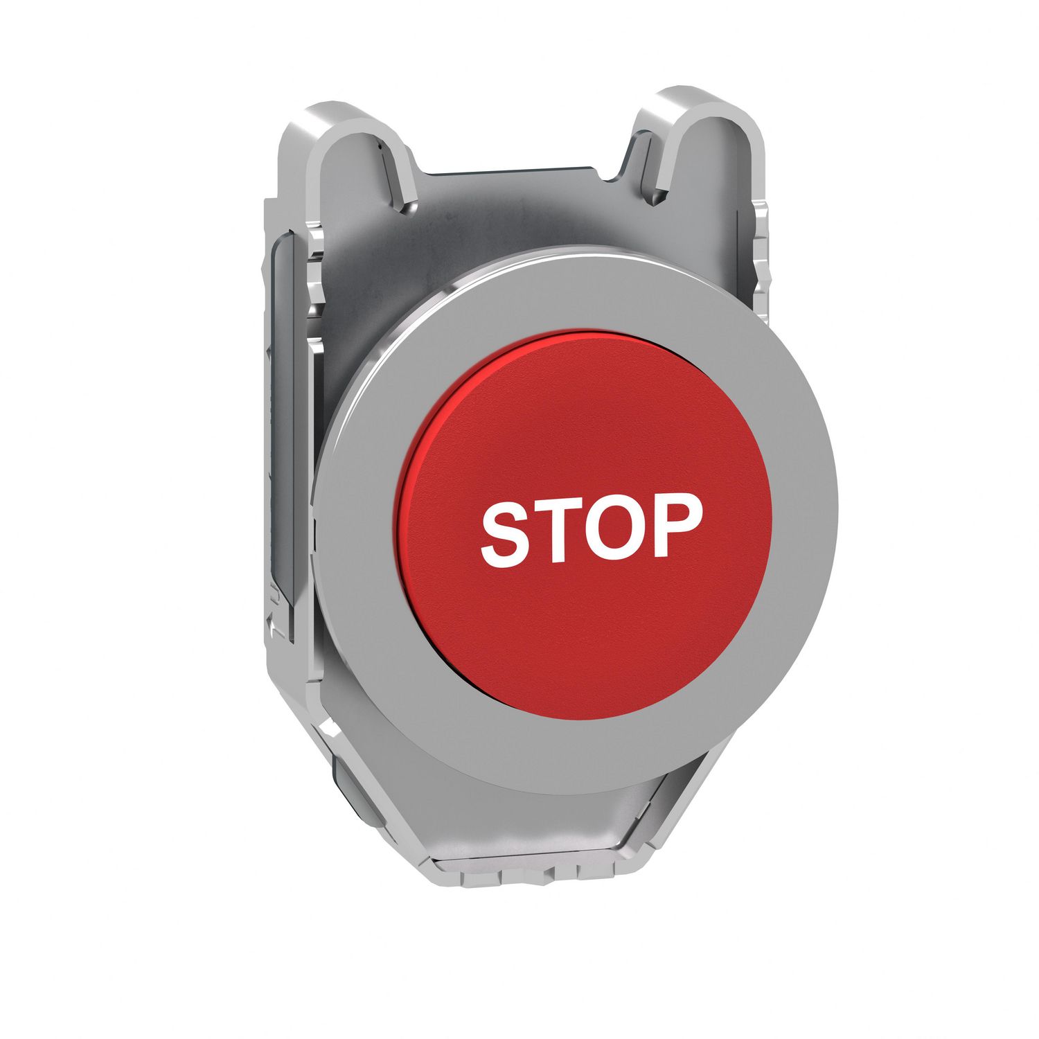 Picture of Flush mounted projecting push button head, Harmony XB4, metal, red, 30mm, spring return, marked STOP