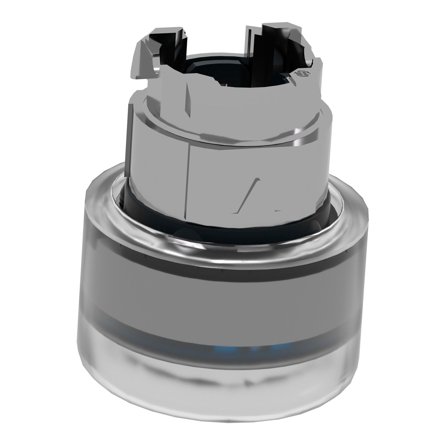 Picture of Head for illuminated push button, Harmony XB4, metal, blue flush, 22mm, universal LED, spring return, clear boot