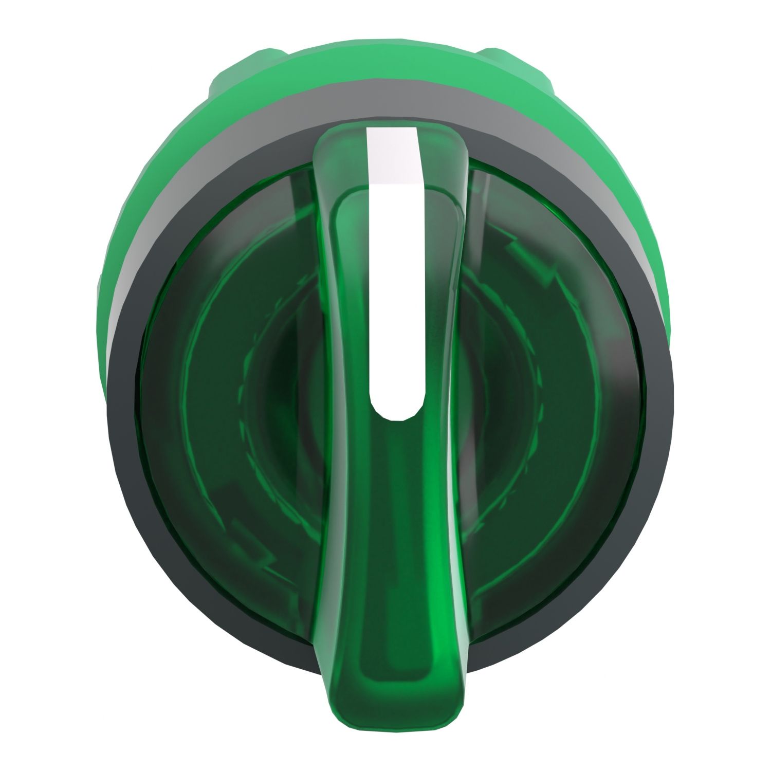 Picture of Head for illuminated selector switch, Harmony XB5, dark grey plastic, green handle, 22mm, universal LED, 3 positions,right to center