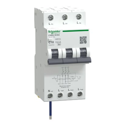 Picture of Residual current breaker with overcurrent protection (RCBO), Acti9 iC60 RCBO, 3P+Ns, C Curve, 10A, 10mA, A type, 6000A