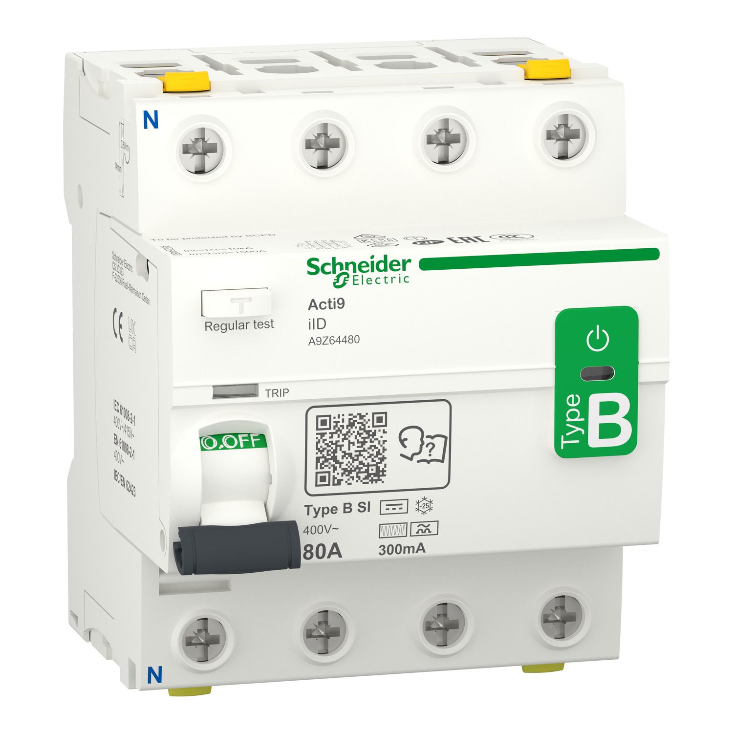 Picture of Residual current circuit breaker (RCCB), Acti9 iID, 4P, 80A, B-SI type, 300mA, double terminal