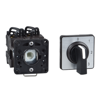 Picture of Cam switch, Harmony K, Ø 22mm, plastic, 1 pole, 2 positions, 45°, 20A, 45x45mm,metallic legend, marked 0/1, 35mm black handle