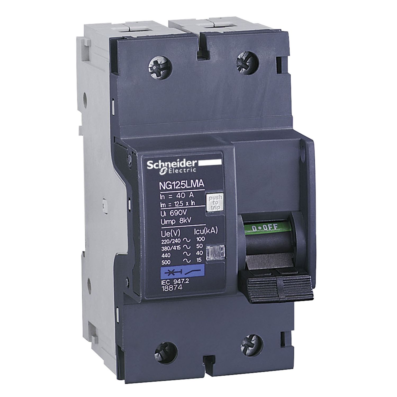 Picture of Miniature circuit breaker (MCB), Acti9 NG125LMA, 2P, 80A, MA curve, 50kA (IEC/EN 60947-2)