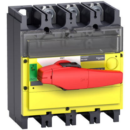 Picture of switch disconnector, Compact INV400, visible break, 400 A, with red rotary handle and yellow front, 3 poles