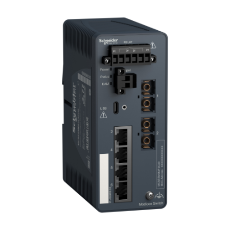Picture of network switch, Modicon Networking, managed, 4 ports for copper with 2 port for fiber optic, multimode