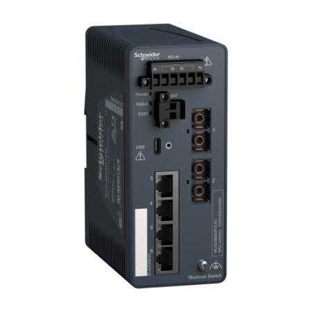 Picture of network switch, Modicon Networking, managed, 4 ports for copper with 2 port for fiber optic, singlemode