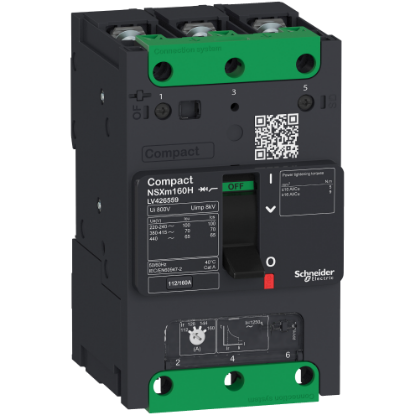Picture of circuit breaker ComPact NSXm H (70 kA at 415 VAC), 3P 3d, 100 A rating TMD trip unit, compression lugs and busbar connectors