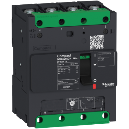 Picture of circuit breaker ComPact NSXm H (70 kA at 415 VAC), 4P 3d, 32 A rating TMD trip unit, compression lugs and busbar connectors