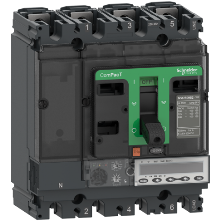 Picture of Circuit breaker, ComPacT NSX250HB2, 100kA/690VAC, 4 poles, MicroLogic 5.2E trip unit 100A