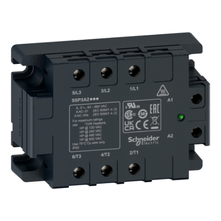 Picture of three phase relay, Harmony Solid State Relays, 50A, panel mount, random switching, thermal pad, input 90&#x2026;280V AC, output 42&#x2026;660V AC