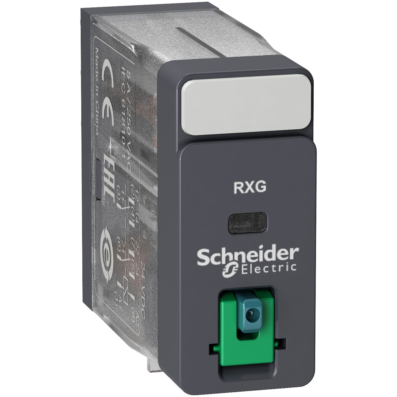 Picture of interface plug in relay, Harmony Electromechanical Relays, 5A, 2CO, lockable test but to n, 24V DC