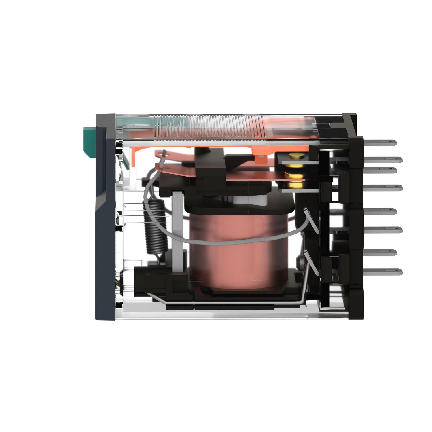 Picture of miniature plug in relay, Harmony Electromechanical Relays, 12A, 2CO, lockable test but to n, 24V DC