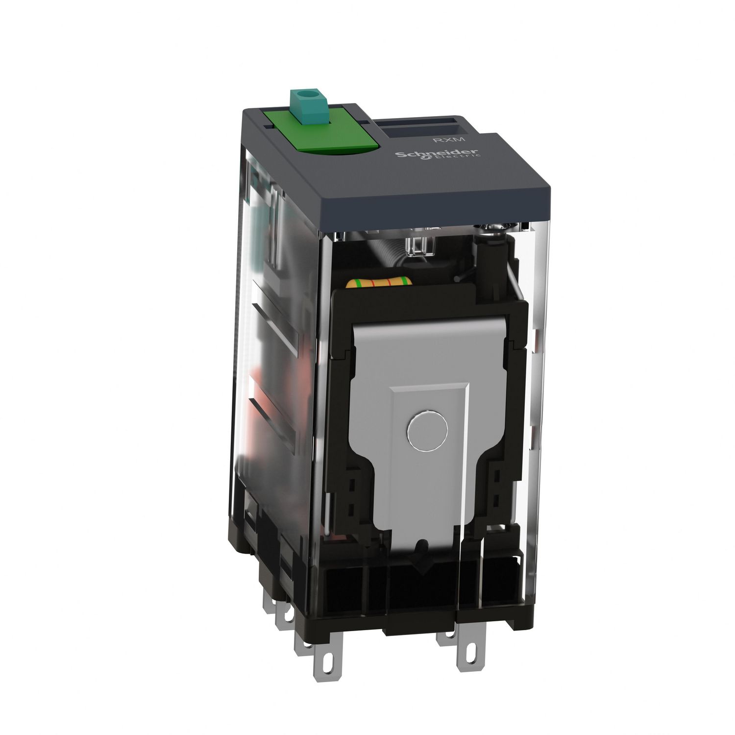 Picture of miniature plug in relay, Harmony Electromechanical Relays, 12A, 2CO, lockable test but to n, 12V DC
